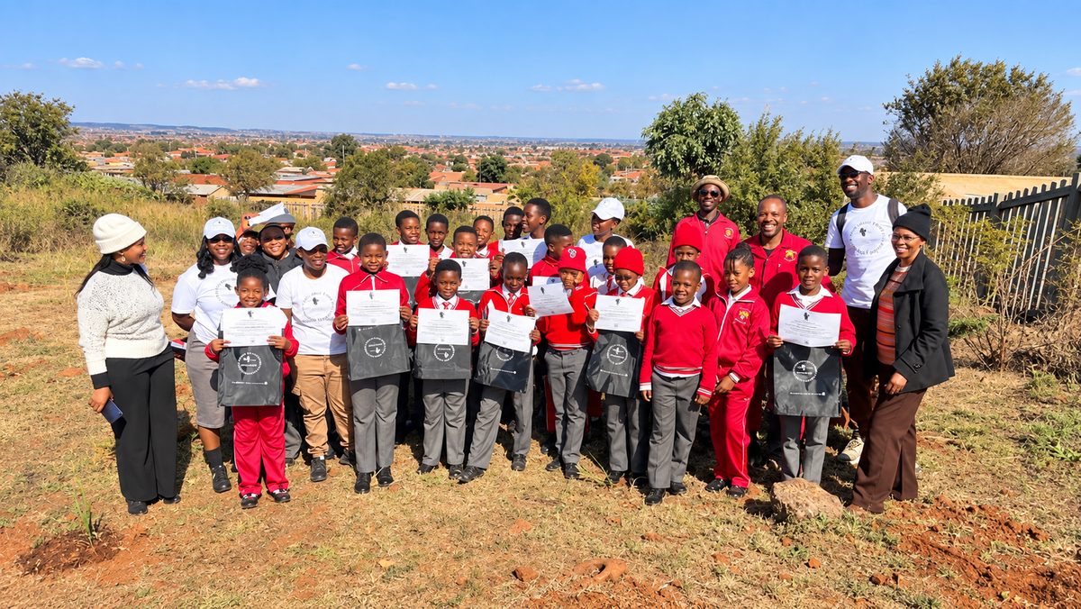 Learners and Change Makers holding certificates on a hillside above the township after a planting day