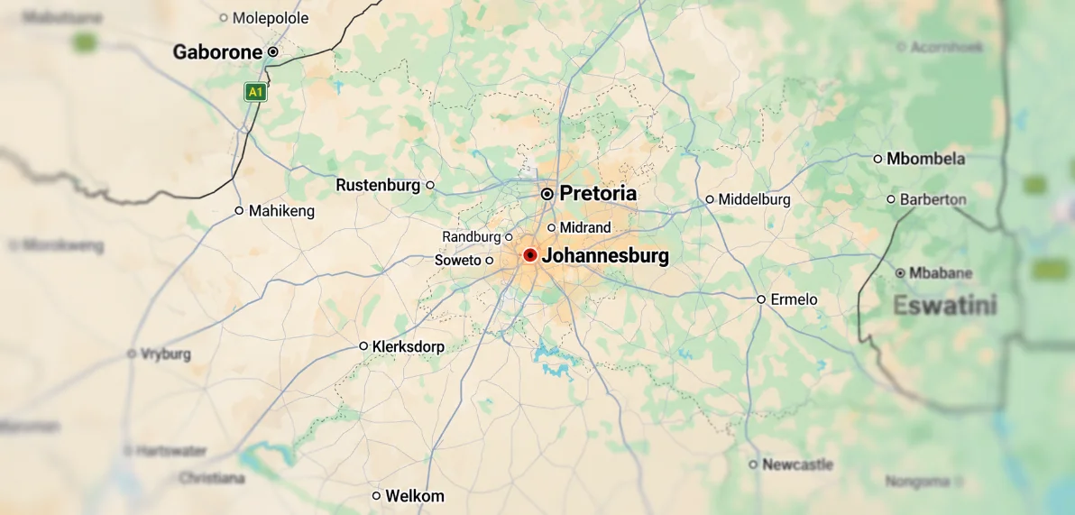 Map of Gauteng, centred on Johannesburg