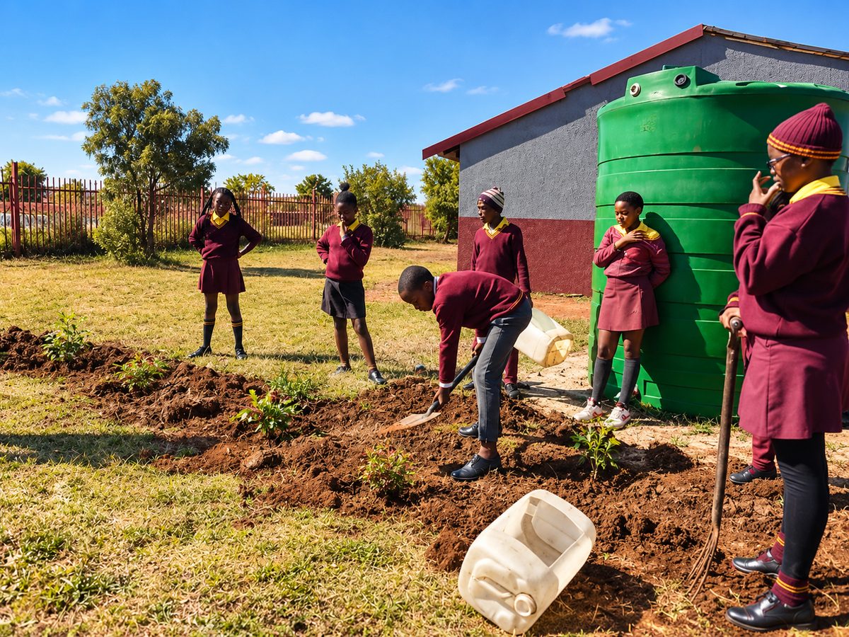 Learners in maroon uniforms digging a planting bed beside the school water tank
