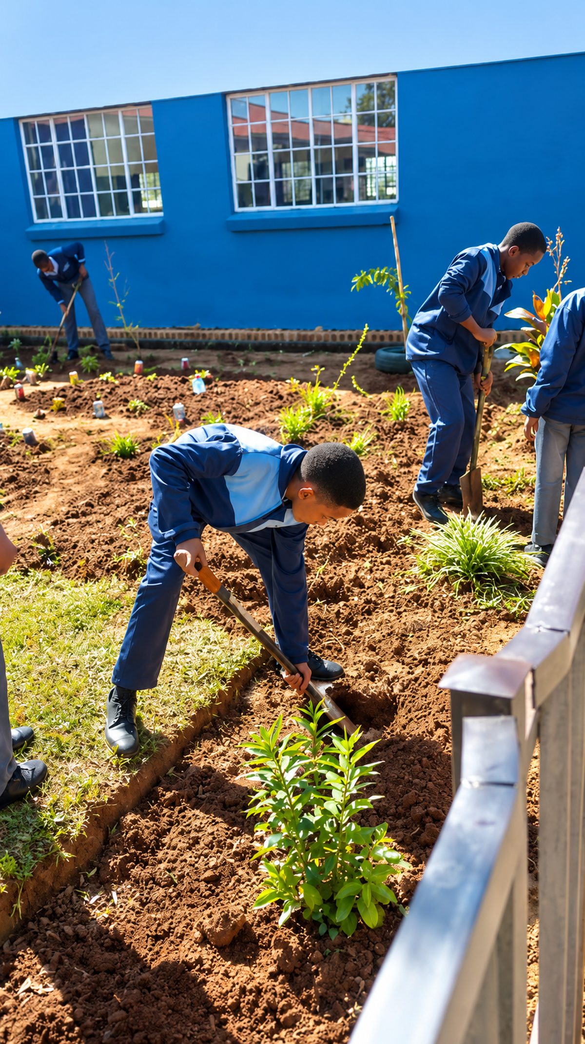 Learners in blue tracksuits turning soil in a new garden bed against the school wall