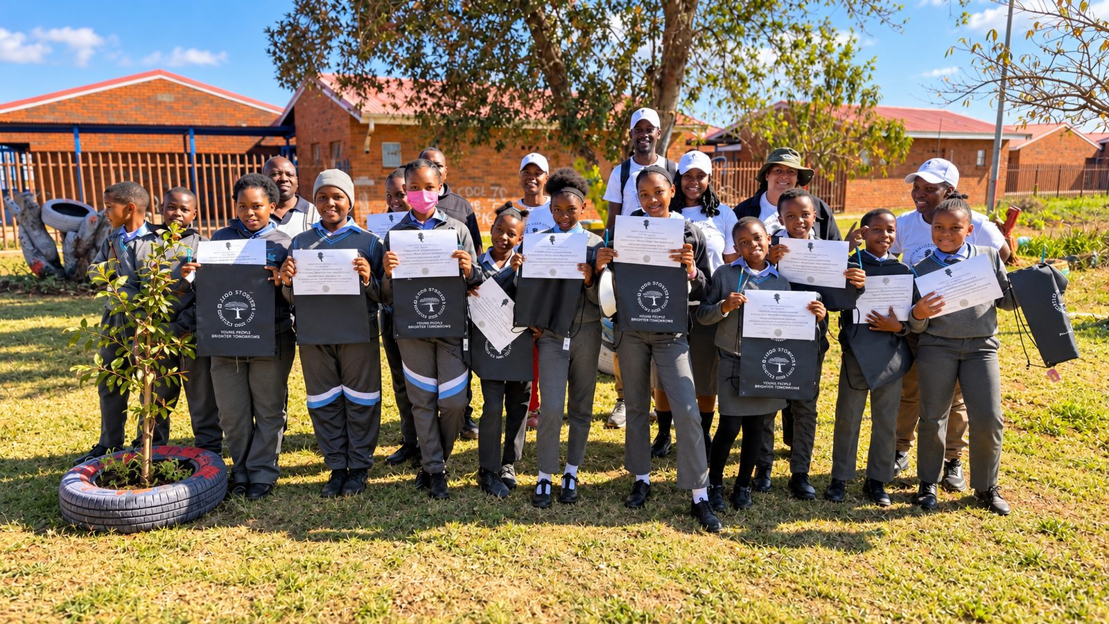 Learners holding their certificates around a newly planted tree in a tyre planter on the school field
